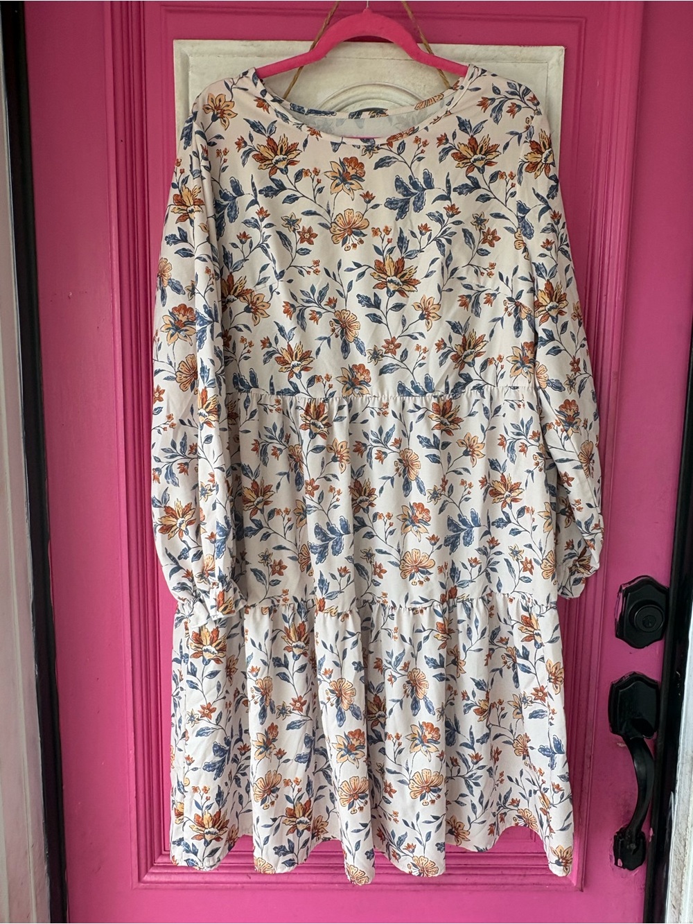 SHEIN Cream Floral Tiered Midi Dress with Blue & Brown Print